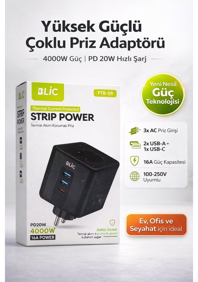 Blic Ftr-09 Akım Korumalı Çoklu Priz 4000w 16a Usb Type-c Hızlı Şarj Özellikli Çoklayıcı Priz