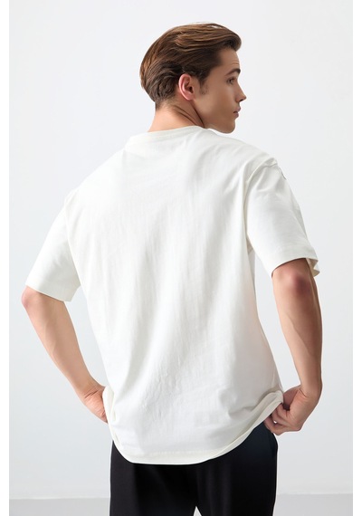 Air Jones Tommy Life Ekru %100 Pamuk Kalın Yumuşak Dokulu Oversize Fit Baskılı Erkek T-shirt - 88355 Ekru