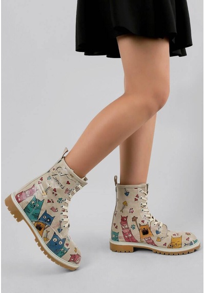 Kadın Vegan Deri Bej Uzun Bot - Cat Lovers Tasarım Multicolor