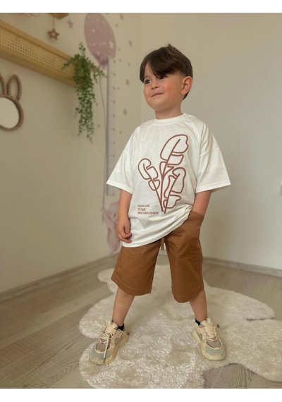 Miniko Kids Erkek Çocuk Keten Şortlu Cep Modelli Pamuk Şortlu Takım Ekru