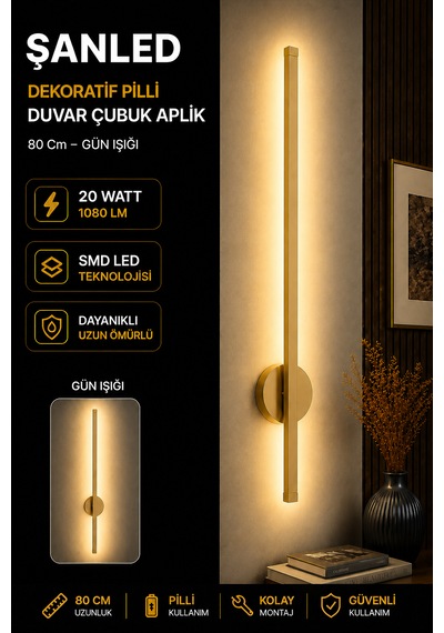 Dekoratif 20w İç Mekan Gold Kasa Gün Işığı Rengi 80 Cm Duvar Aplik Pilli 1 Adet