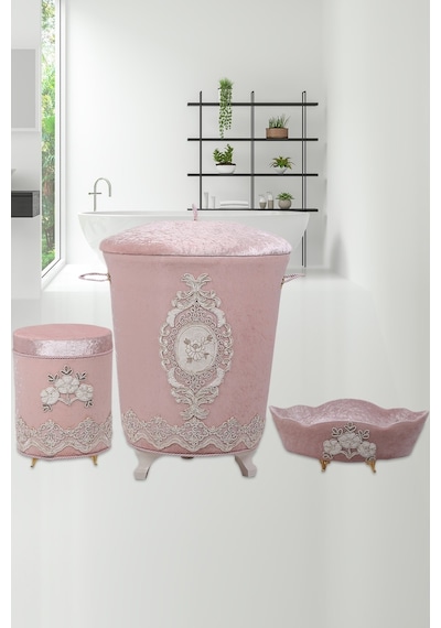 Lisa Pudra 3'lü Çeyizlik Banyo Kirli Çamaşır Sepeti Seti Pudra