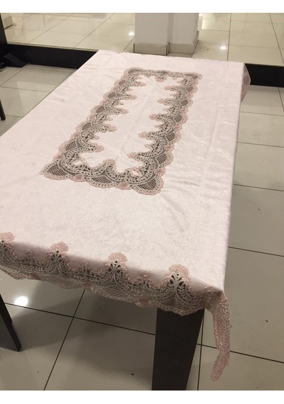 Almila Home Fransız Dantel Kadife 140X180 Masa Örtüsü Pudra D14