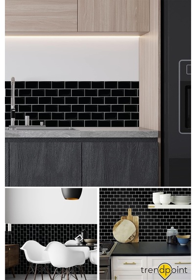 Trendpoint 3d 30 30cm Mutfak Tezgah Arkası Kaplama Kendinden Yapışkanlı Siyah Seramik Görünüm Banyo