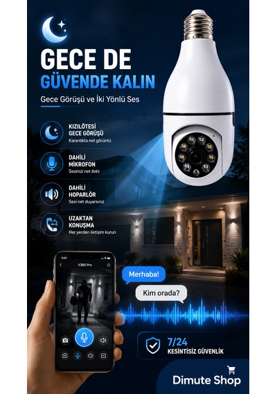V380 Pro Ampul Kamera 360 Wifi Güvenlik Kamerası Gece Görüşlü Hareket Sensörlü