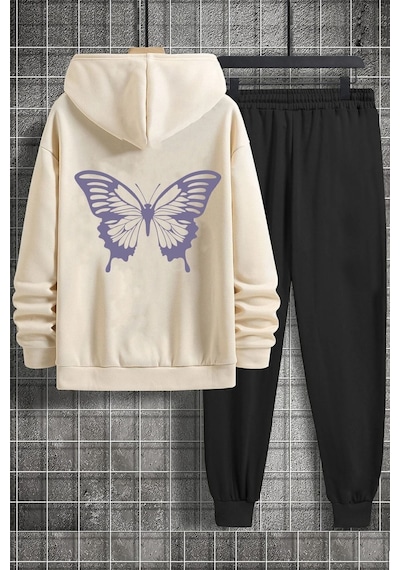 Uyguntarz Unisex Butterfly Baskılı Eşofman Takımı Bej