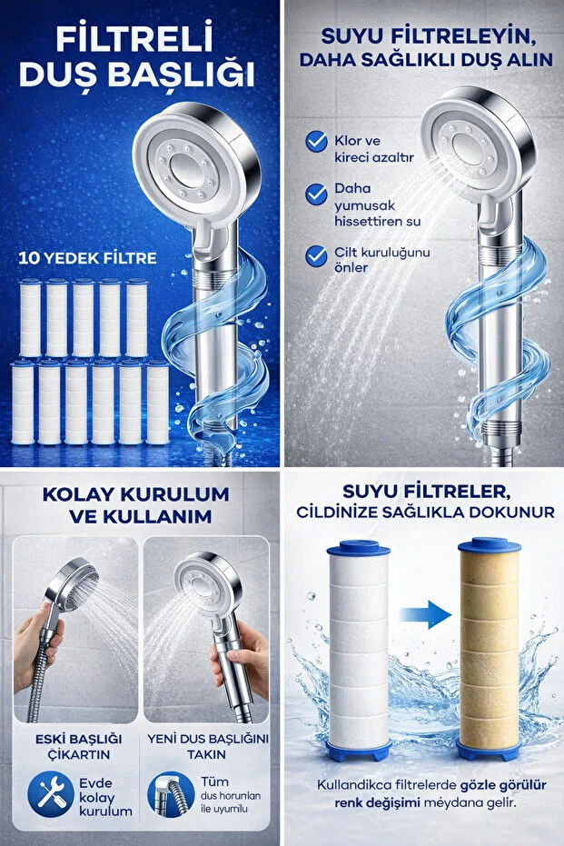 Filtreli Duş Başlığı 10 Yedek Filtreli Kireç Klor Azaltıcı Beyaz