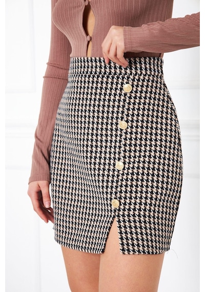 Darlin Moda Kahverengi Düğme Detaylı Tweed Mini Etek DM 2002 Kahverengi