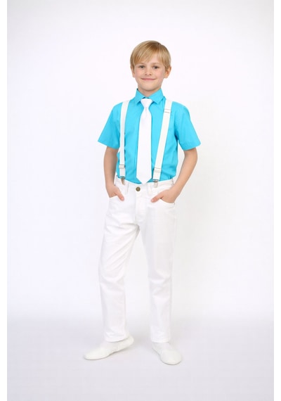Dıgıl Kids Erkek Çocuk Takım Askı Papyon Gömlek Pantalon Beyaz - Turkuaz