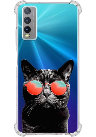 Vivo Y20 Uyumlu Kedi 3 Baskılı Şeffaf Köşe Korumalı Antişok Kılıf