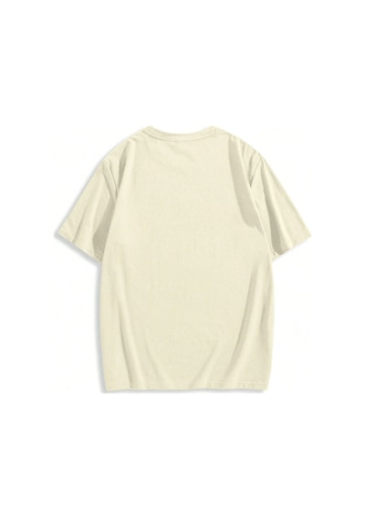 Erkek El Baskı Oversize Bej Baskılı T-shirt - Bisiklet Yaka Kısa Kol Rahat Kalıp Tişört Bej