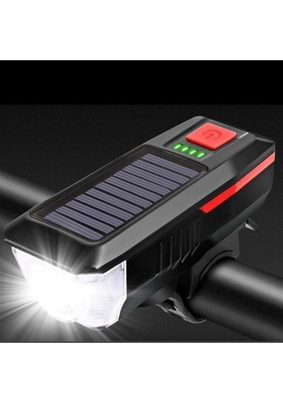 Solar Enerjili Usb İle Şarj Edilebilir Ledli Bisiklet Feneri Kornalı Ve Su Geçirmez Far Siyah