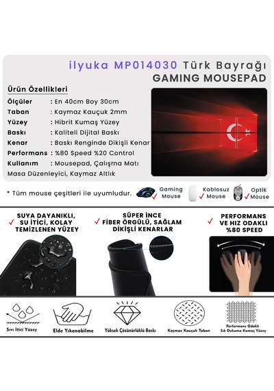 40x30cm Gaming Oyuncu Mousepad Kaymaz Kauçuk Taban Türk Bayrağı