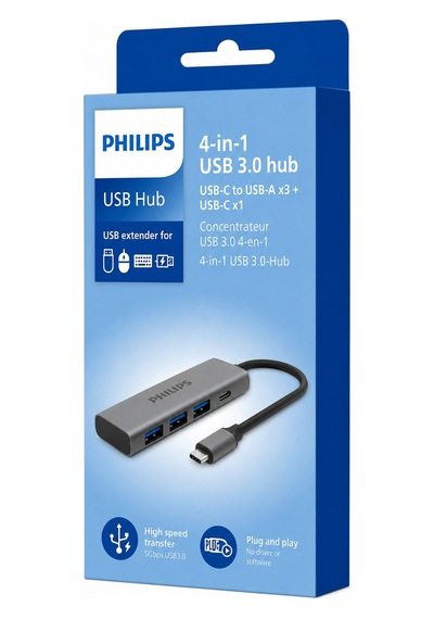 Philips Swr5041/00 Usb-c 4'ü 1 Arada Usb 3.0 Hub, 3x Usb-a + 1x Usb-c, 5gbps Veri Aktarımı