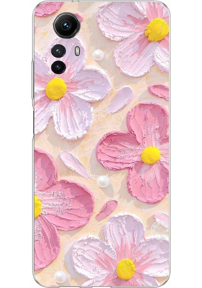 Redmi Note 12s Uyumlu Pembe Beyaz Çiçekler Sulu Boya Baskılı Silikon Kılıf Renkli