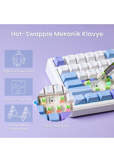 Aula F75 Max Mekanik Rgb Tkl Reaper Switch Kablosuz Makrolu Hot Swap Klavye Mor