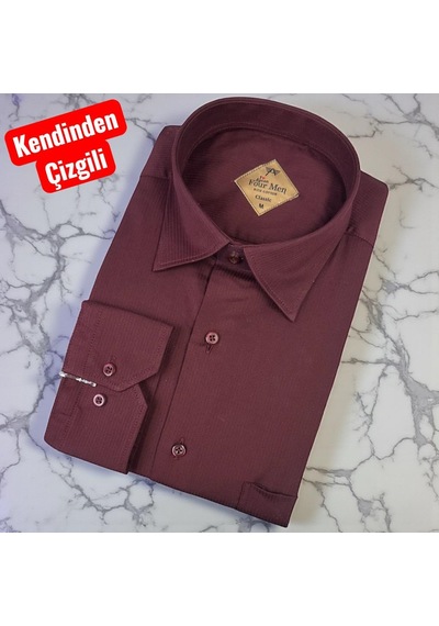 Pamuklu Kandinden Çizgili Uzun Kollu Yakası Alttan Düğmeli Erkek Gömlek Regular Kalıp Bordo