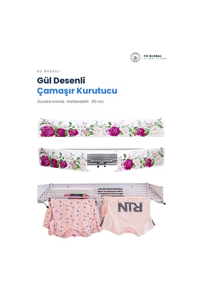 Fd Global Gül Desenli Duvara Monte Katlanır Çamaşır Kurutma Askısı 80 Cm Balkon Askılık Pembe Pembe