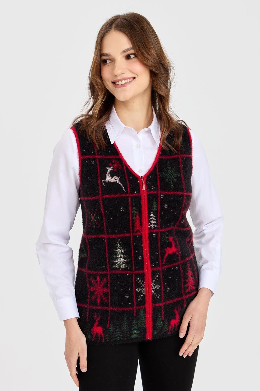 Desen Triko Kadın V Yaka Patchwork Yılbaşı Desenli Yelek Siyah Siyah