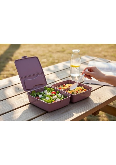 Bölmeli Sağlıklı Saklama Ve Yemek Kabı - Bpa Sız Sağlıklı - Kilit Kapak - Taşınabilir Lunchbox- Mor Renk Çok Renkli