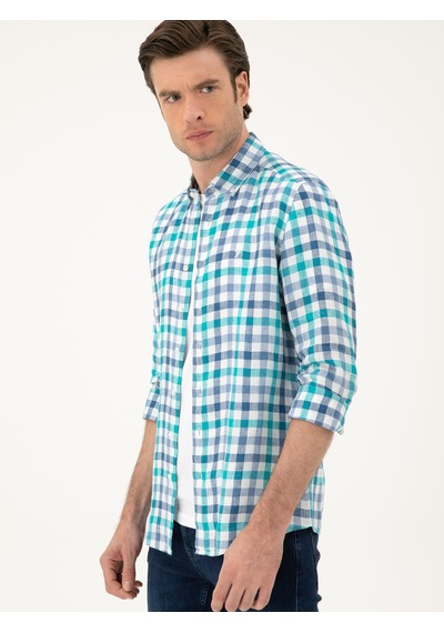 Cacharel Turkuaz Regular Fit %100 Keten Gömlek Yeşil