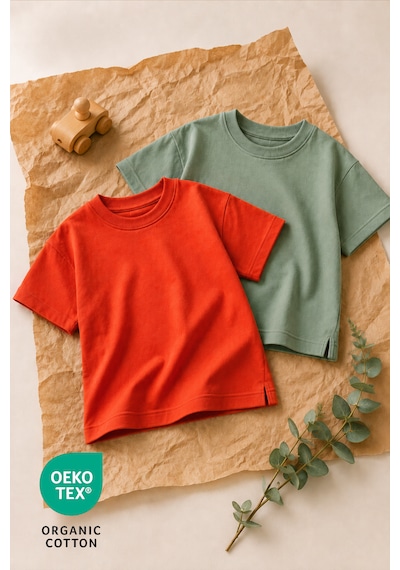 Luppinos Basic 2li %100 Pamuk Bisiklet Yaka Bebek-çocuk Tshirt Set Kiremit