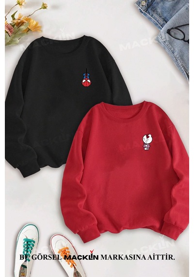 Macklin Sevgili Çift Kombin Hello Kitty Spiderman Göğüs Baskılı Bisiklet Yaka Sweatshirt 2li Set Takım Siyah Kırmızı Mck1376 Çok Renkli