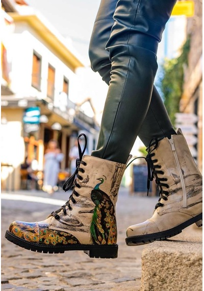 Kadın Vegan Deri Bej Fermuarlı Uzun Bot - Gracious Feathers Tasarım Multicolor