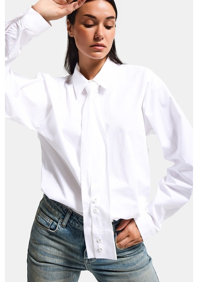 Itsbasic Kadın Beyaz Oversize Kravat Detaylı Özel Tasarım Bol Kesim Gömlek
