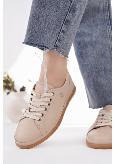 Nesilshoes Modessa 160 Bej Bağcıklı Hakiki Soft Deri Kadın Ayakkabı