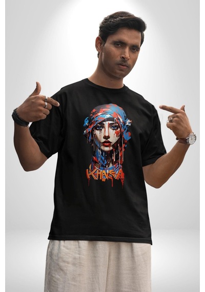 Khansa Eşarp Kadın Tasarımı Pamuklu Bisiklet Yaka Unisex Oversize Boyfriend Dijital Baskılı Siyah T-shirt Siyah