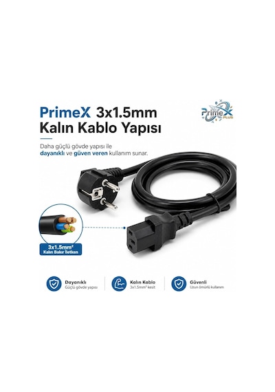 Primex Px-p418 1.5 Metre Lüks Power Kablosu, 3x1.5mm Kalın Full Bakır Psu Güç Kablosu, Pc Power Supply Monitör Mining Sistemleri İçin Siyah Enerji Kablosu
