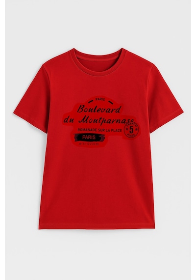 Kadın Bisiklet Yaka Baskılı Siyah T-shirt Çok Renkli