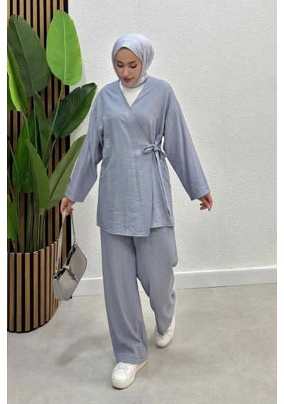 Zerogaprıse Kadın Çapraz Bağlamalı Keten Kimono Tesettür Pantolon Takım Gri