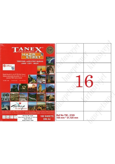 Tanex Tw-2105 Ebat 105 X 37 MM Lazer Etiket A4 Sayfada 16 Etike