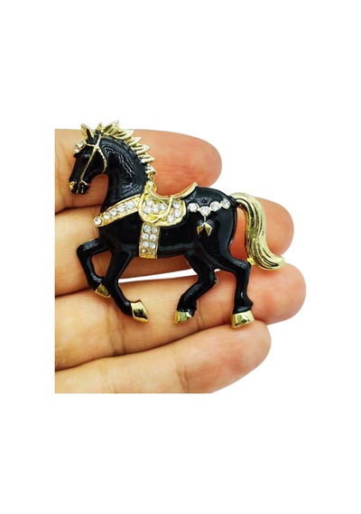 Siyah & Beyaz At Broş - Kristal Taşlı Zarif Horse Brooch Şık Hayvan Figürlü Aksesuar Siyah