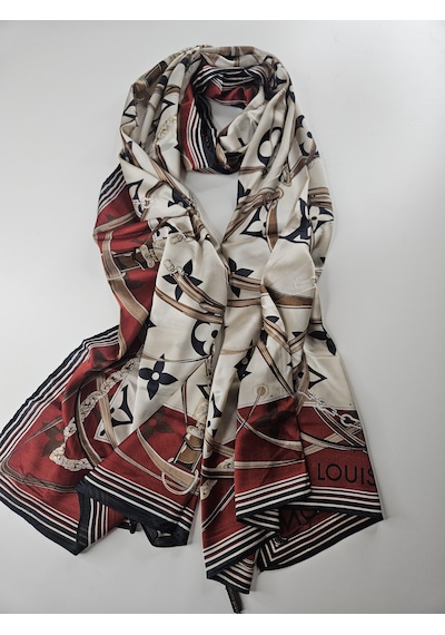 Miorel Scarfs Yeni Sezon Lv Kemer Desen Vual İpek Şal Yeni Sezon Silk Scarfs Shawl Hijab Fular Bej - Bordo