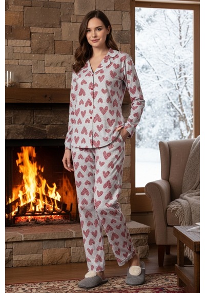 Remsa Kadın Kalp Desen Önü Düğmeli Suprem Pijama Takımı 0546 Gri09 Gri09