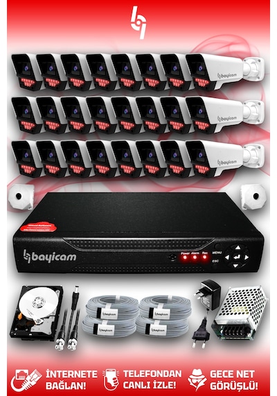 Bayicam 24 Kameralı Süper 24 Dış Kamera Set 1 TB 5 MP 2K Net Gece Görüşlü Güvenlik Kamerası Sistemi