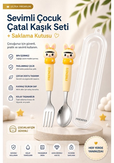 Sarı Renk Kedi Figürlü Premium Çocuk Bpa Free Paslanmaz Çelik Uçlu Çatal-kaşık Set 24+ Ay