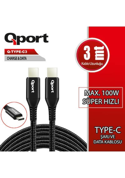 Qport Q-type-c3 3 Metre Type-c 100w Pd Şarj Ve Data Kablosu