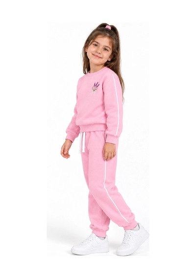 Rony Pony Kids 3 İplik Şardonlu Lavanta Detaylı Beyaz Biyeli Pembe Kız Çocuk Eşofman Takımı