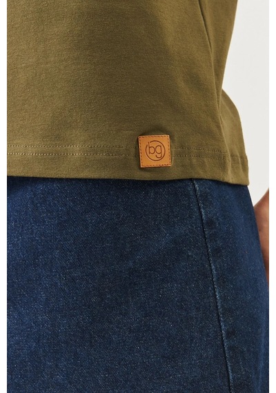 Kadın Rahat %100 Pamuklu Penye Bisiklet Yaka Kısa Kol Basic T-shirt Haki