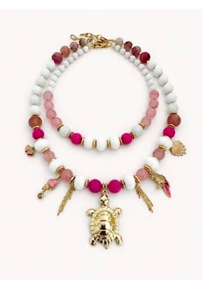 El Yapımı Beyaz Oniks, Beyaz Yeşim, Fuşya Yeşim & Pembe Kuvars Doğal Taşlı Kolye Seti Pembe - Mor - Beyaz