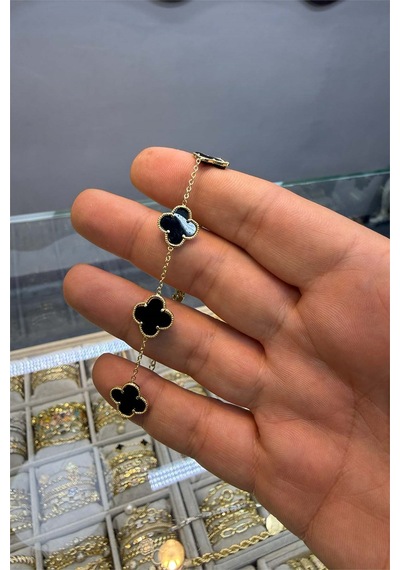 Siyah İnce Taşlı Yonca Bileklik Altın