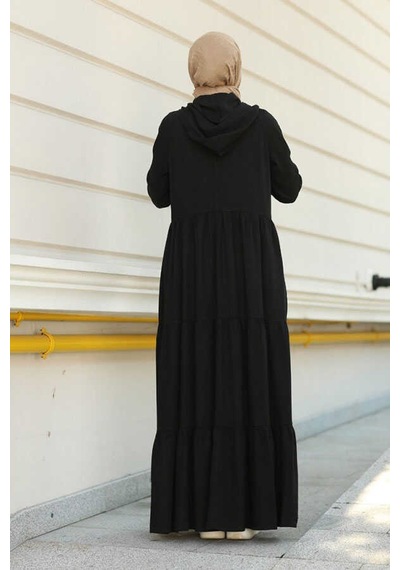 Neways 6531-Krep Kapüşonlu Reglan Kollu Elbise Siyah