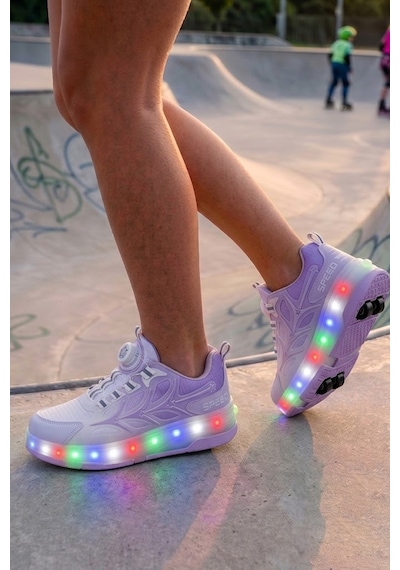 Nstil Unisex Yetişkin Çocuk Spor Ayakkabı Akıllı Bağcıklı Çıkarılabilen Patenli Işıklı Sneaker 003 Mor