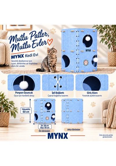 İki Katlı Geniş Keçe Kedi Evi Mavi