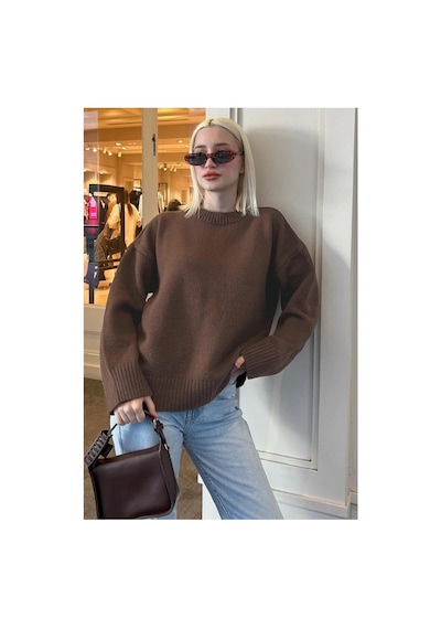 Flex Fashıon Kadın Kahverengi Trend Popüler Oversize Triko Kazak - Yumuşak Dokulu Bisiklet Yaka Kahverengi - 730329404 Kahverengi - 730329404 Kahverengi