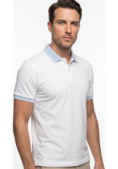 Beyaz-mavi Polo Yaka Pike Kısa Kol Slim Fit %100 Pamuk Tişört 1011260171